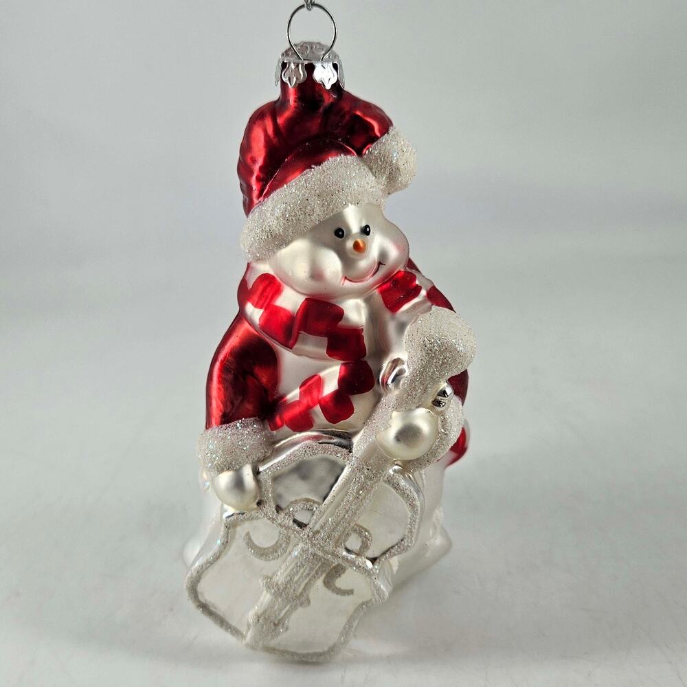 Blown Glass Christmas Ornament Snowman w cello insturment